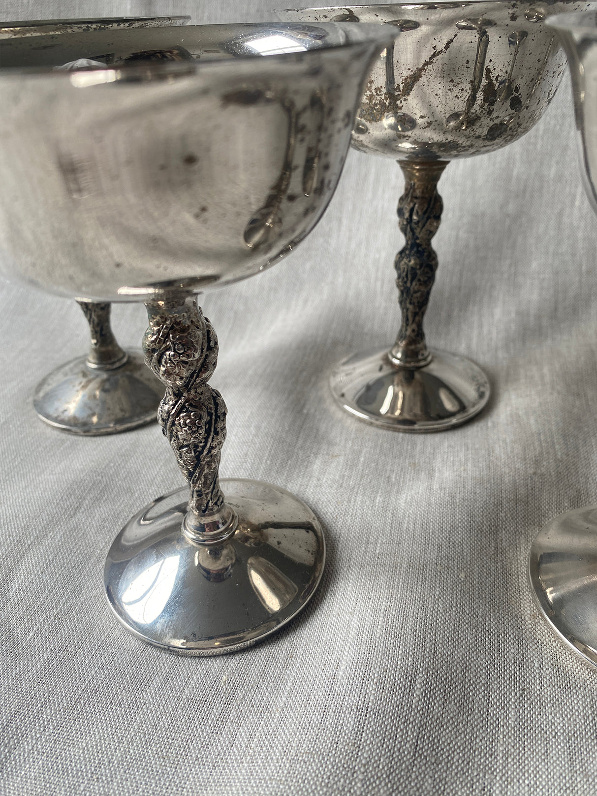 a set of six mid century Spanish silver goblets with engraved twist stems