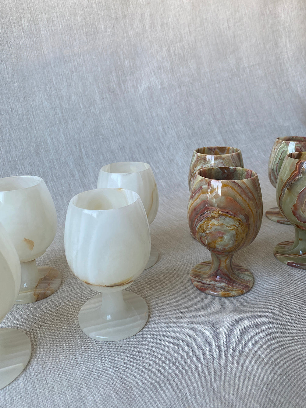 a set of vintage onyx goblets in natural stone marble