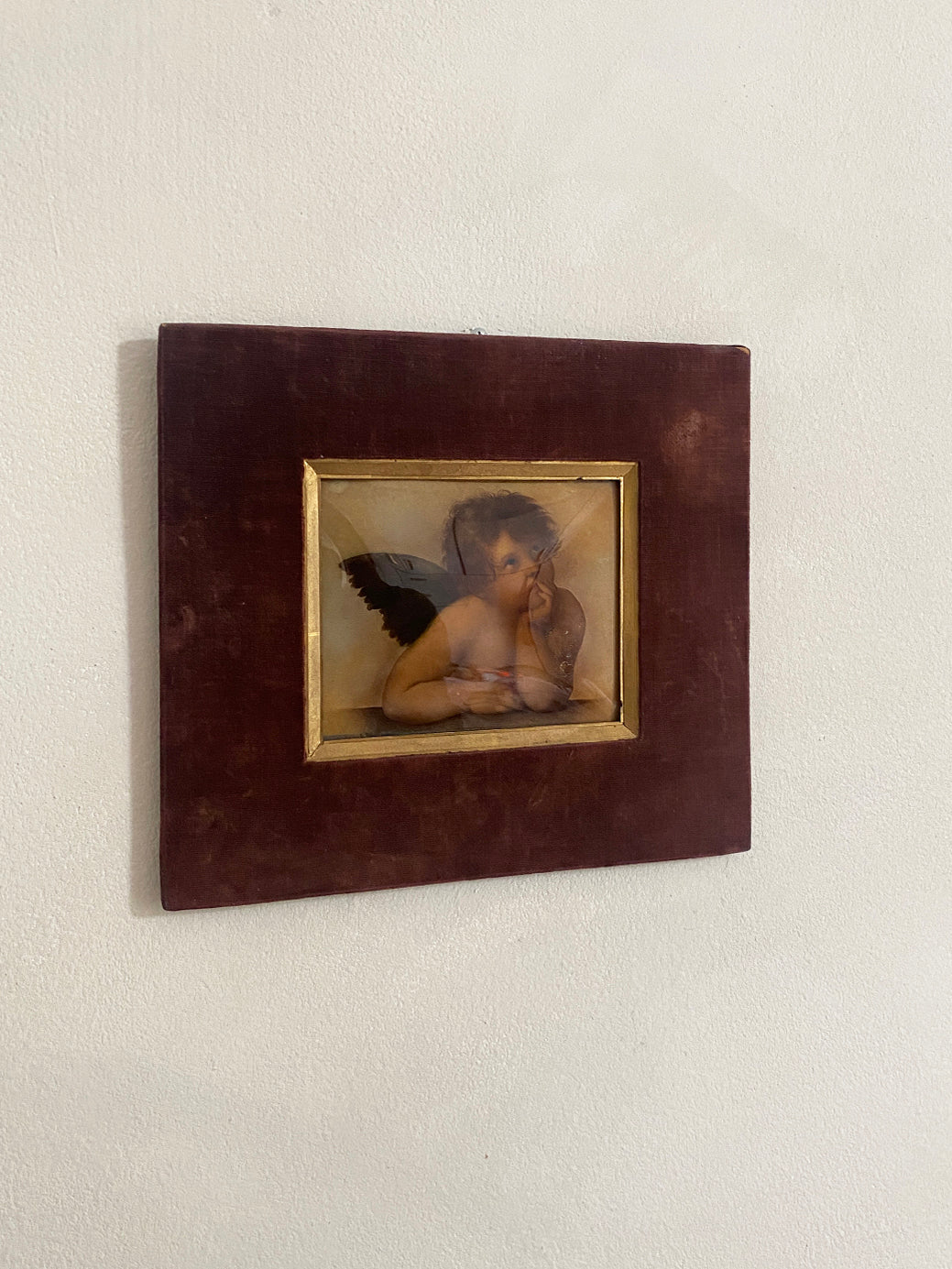 a winged cherub in a dark brown velvet and gilt frame