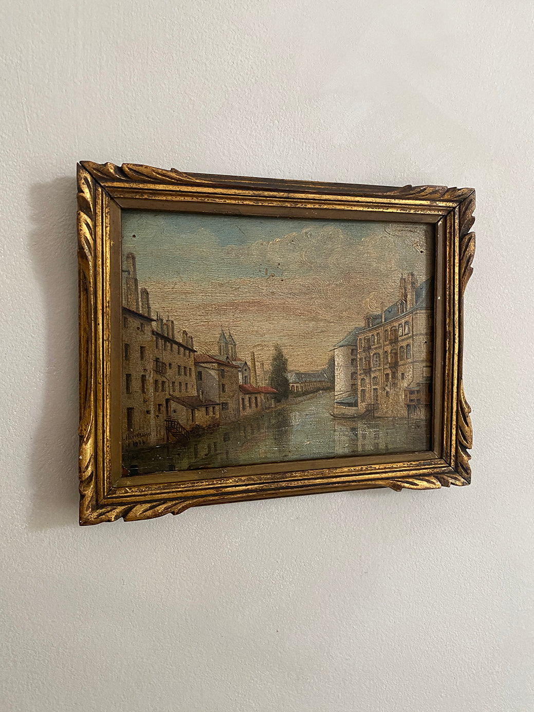 an antique oil painting of the French town Metz, painted by the artist J Hoffmann