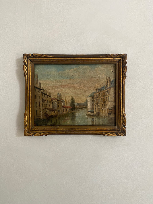 an antique oil painting of the French town Metz, painted by the artist J Hoffmann