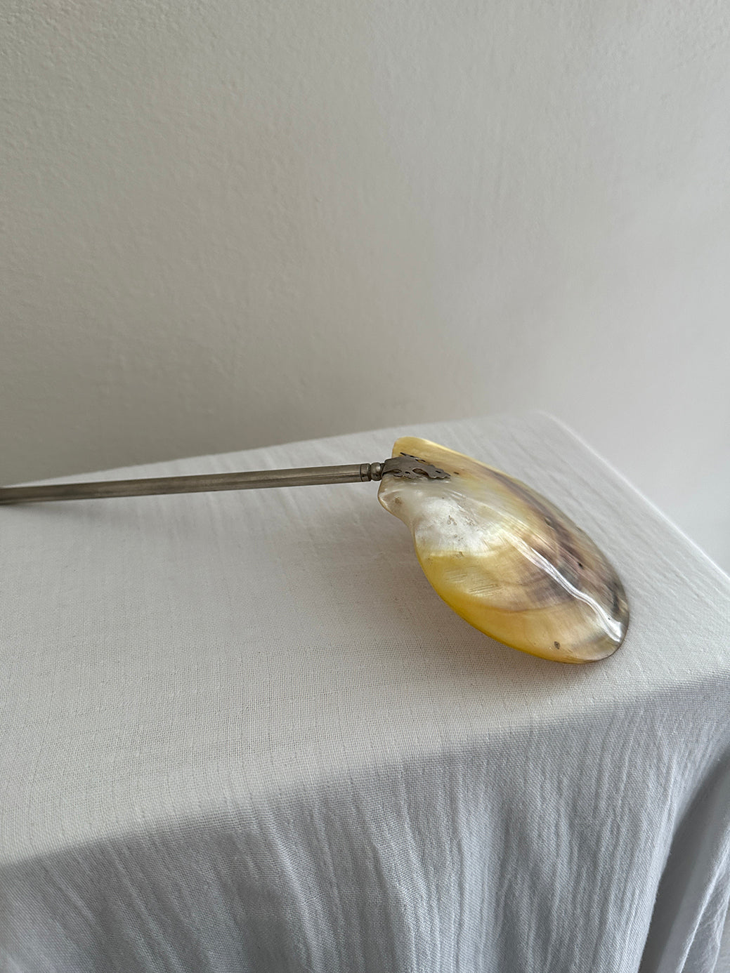 An antique mother-of-pearl caviar spoon with a gilt-brass handle and gothic mounting.