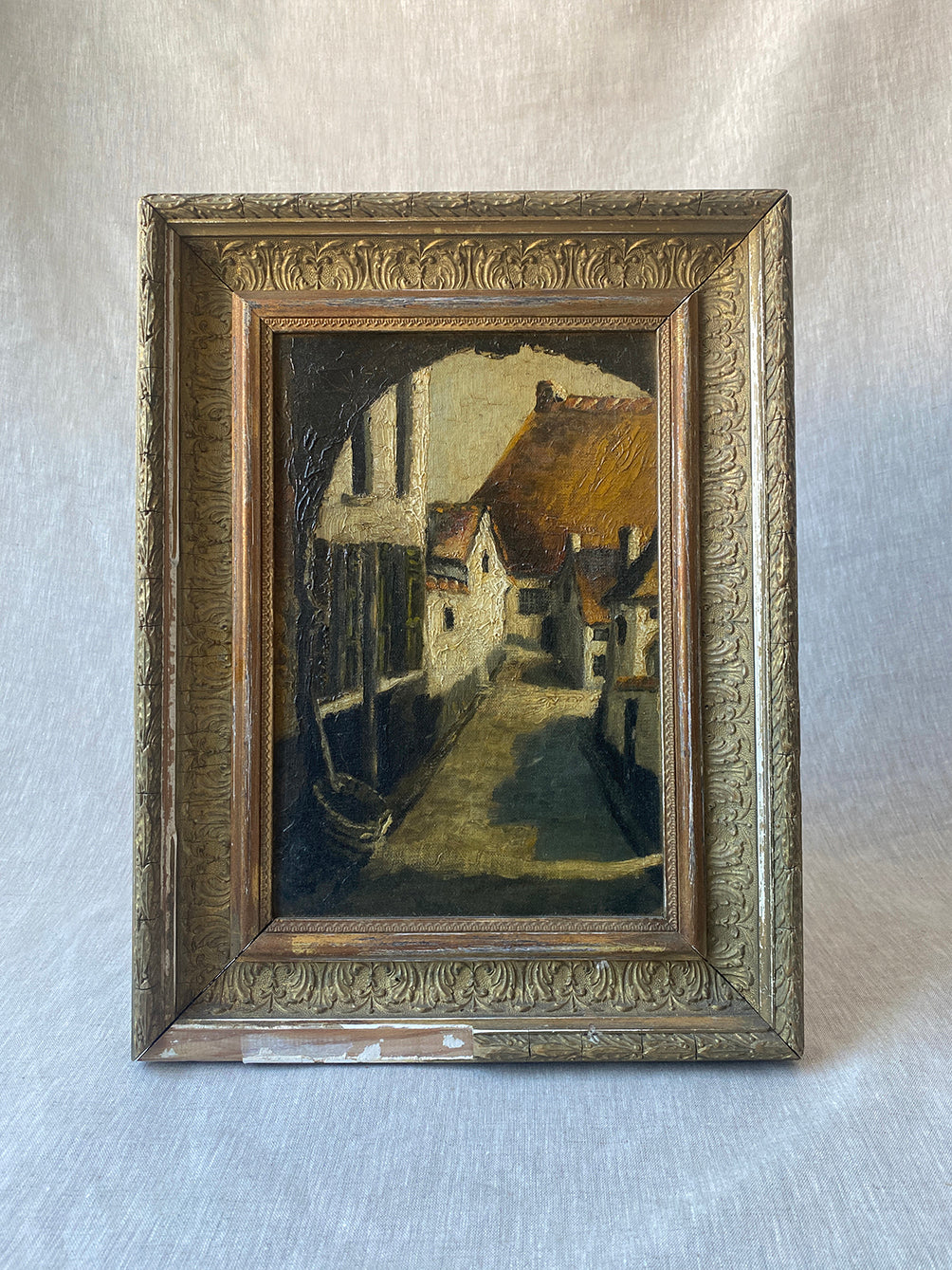 a vintage oil painting of the medieval Belgian neighbourhood Beguinage de Malines 