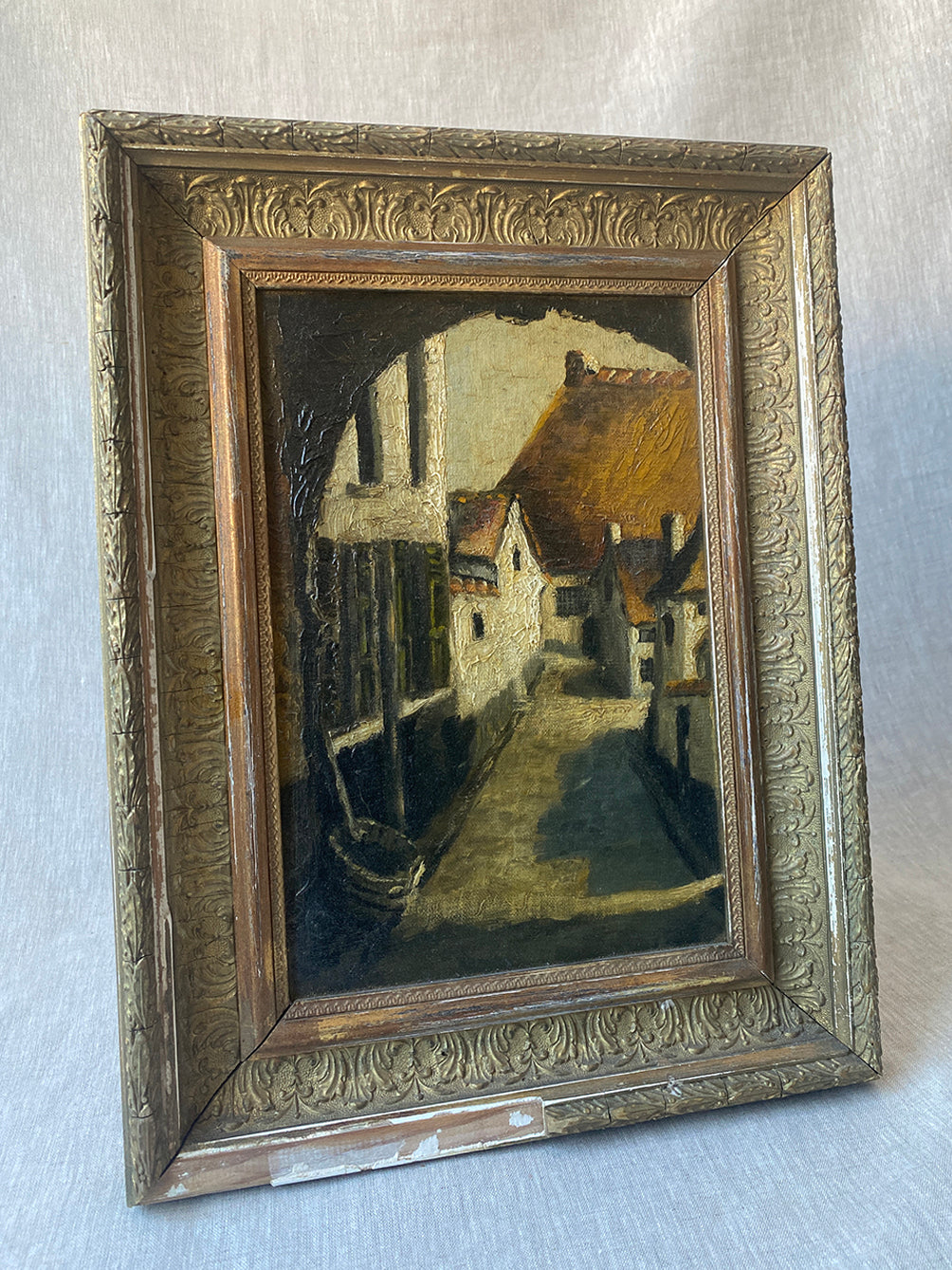 a vintage oil painting of the medieval Belgian neighbourhood Beguinage de Malines 