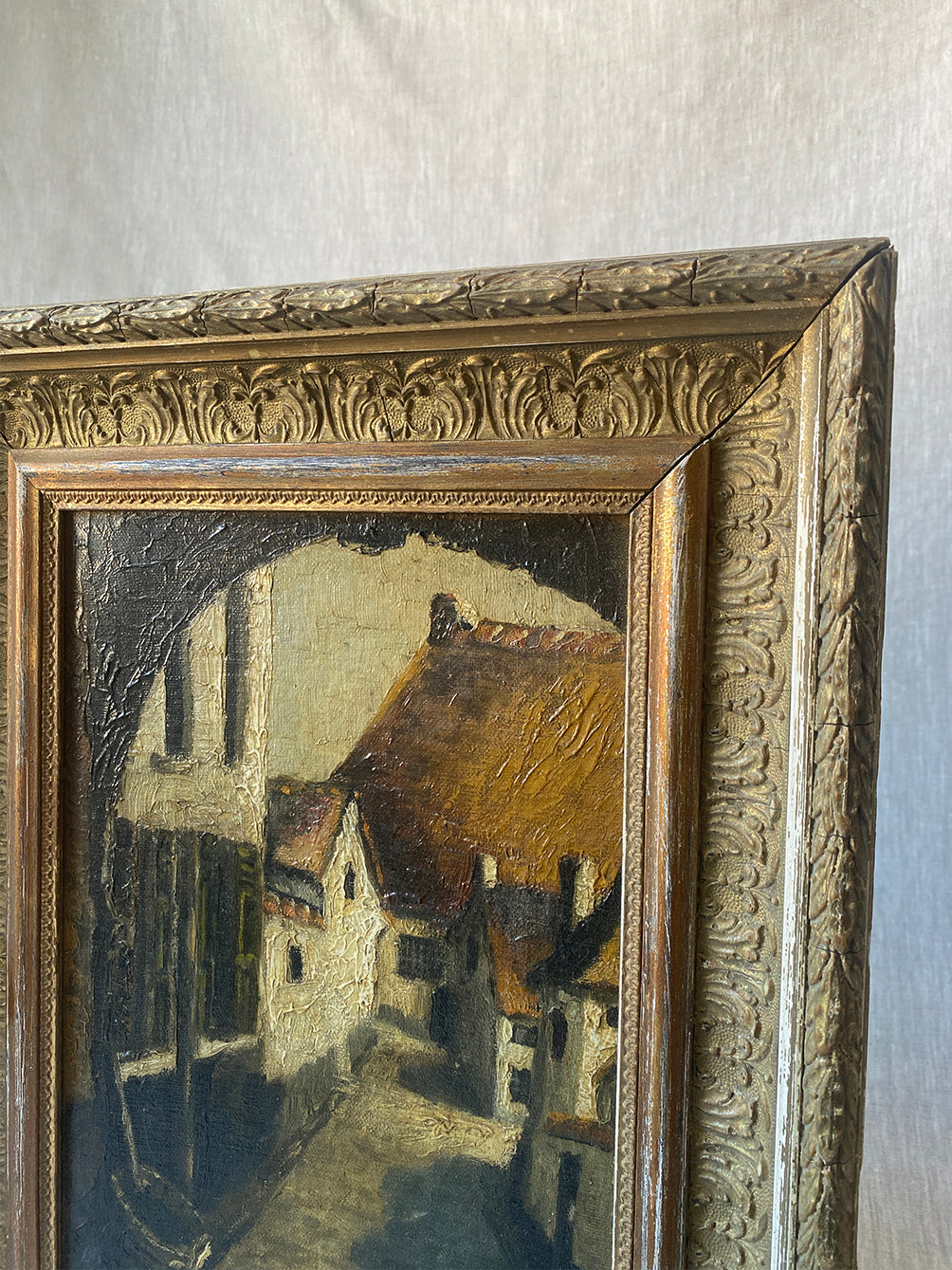 a vintage oil painting of the medieval Belgian neighbourhood Beguinage de Malines 