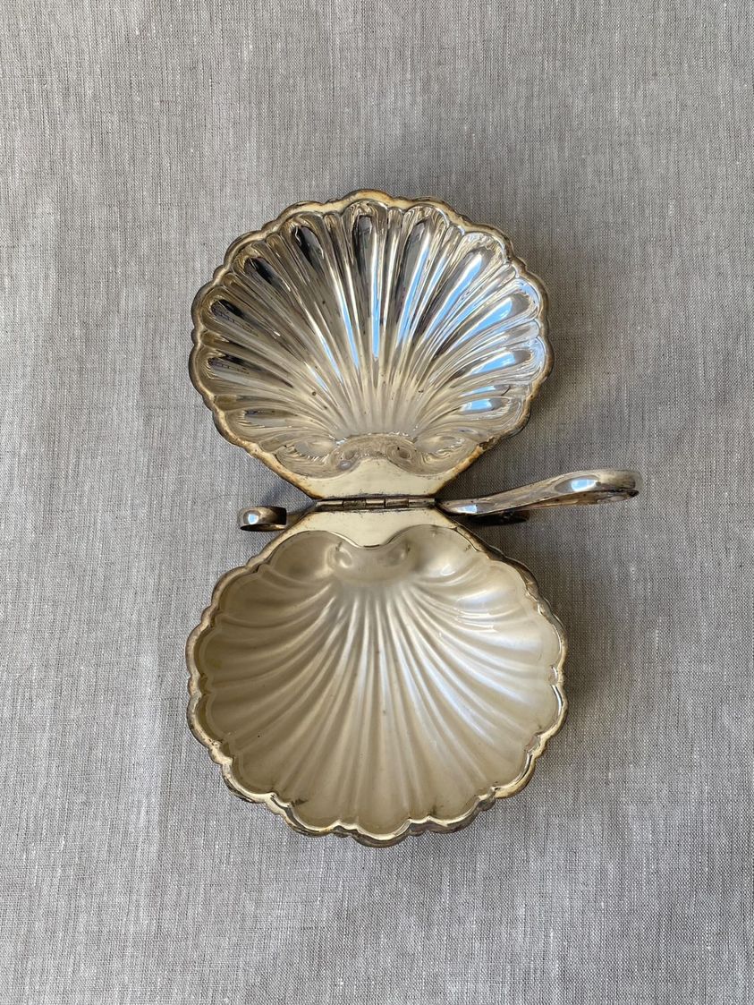 Antique silver-plated clam shell butter dish