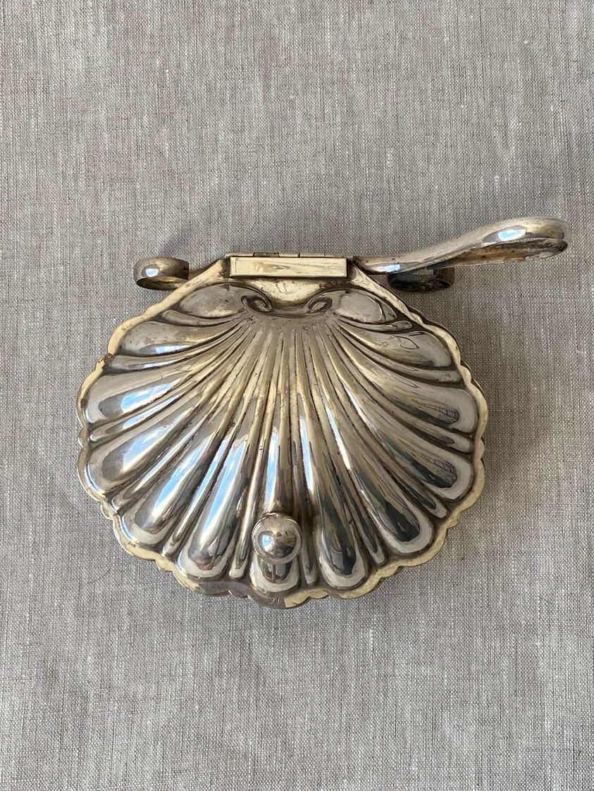 Antique silver-plated clam shell butter dish