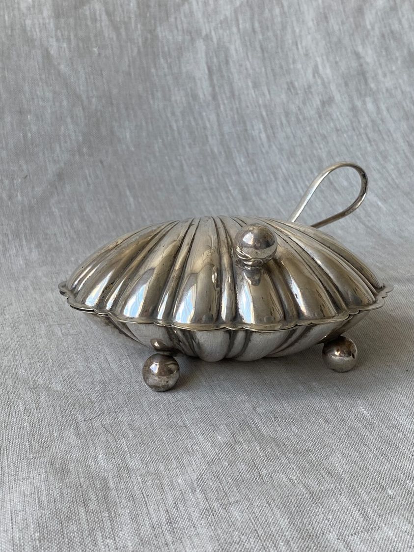 Antique silver-plated clam shell butter dish