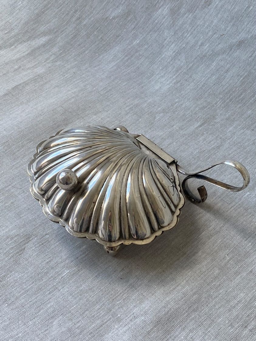 Antique silver-plated clam shell butter dish