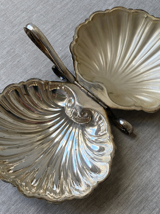 Antique silver-plated clam shell butter dish